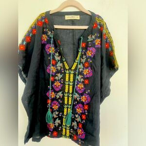 NATURAL LIFE shirt cotton embroidered Floral navy Boho Flowy Sz XL